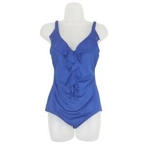 Jantzen Women's 6 One-Piece Cobalt Blue Swimsuit Front Ruffles Adjustable Straps